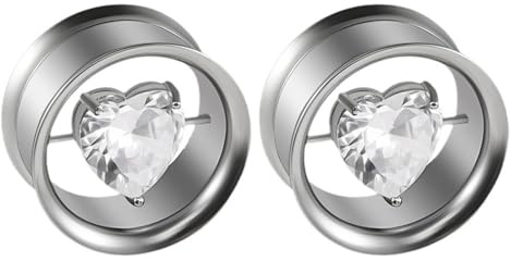 Calefee Tunnel 25mm, Ohr Tunnel mit Gewinde Edelstahl mit herzförmigem Zirkonia, Piercing Schmuck Ohrdehner für Unisex 2er Set