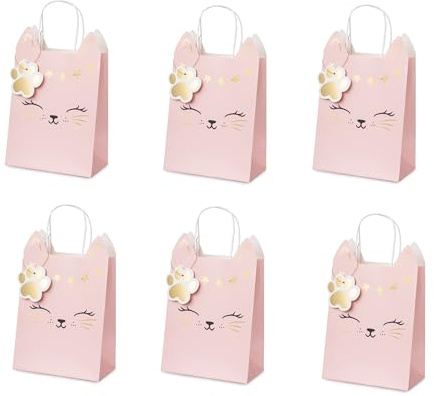 Geschenktüten Katze Kitty Geburtstag Mädchen 6er Set, 27x18 cm | Geschenktaschen für Mitgebsel, Gastgeschenke, Kindergeburtstag, Kitty Party & Katzenfans, Kraftpapier
