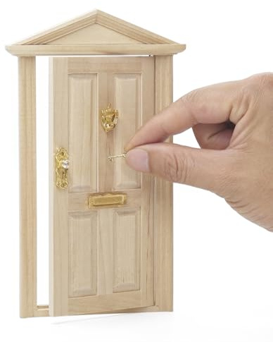 Odoria Dollhouse Front Door Miniature: 1/12 Scale Fairy Garden Panel Doors for Elf Outdoor - Mini Golden Knocker Lock Mail Slot Set - Tiny Unfinished Furniture Wood, Pointed Top, Outswing