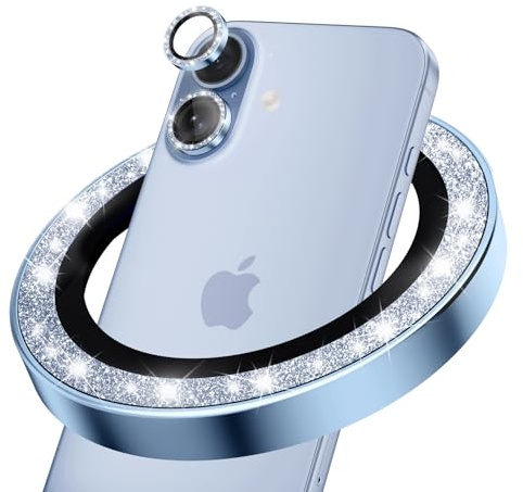 CloudValley Pellicola Protettiva Per Obiettivo Della Fotocamera Con Glitter Per iPhone 17, Vetro Temperato HD Antigraffio, Anello Metallico Infrangibile, Facile Da Installare, Blu Glitter