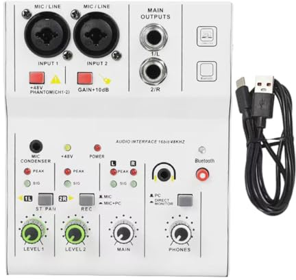 Harilla 2-Kanal-Audiomixer, Audio-Interface, leichtes 48-V-Phantomspeisungsmischpult, professionell für Aufnahmen, Weiß