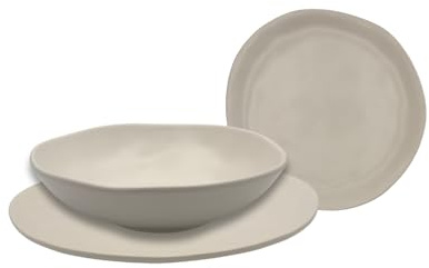 Omniacasa Organic Crema – Servizio piatti 18 pezzi in stoneware (6 piani Ø25, 6 fondi Ø20, 6 frutta Ø20) – finitura opaca effetto artigianale – microonde/lavastoviglie – stile nordico crema/bianco