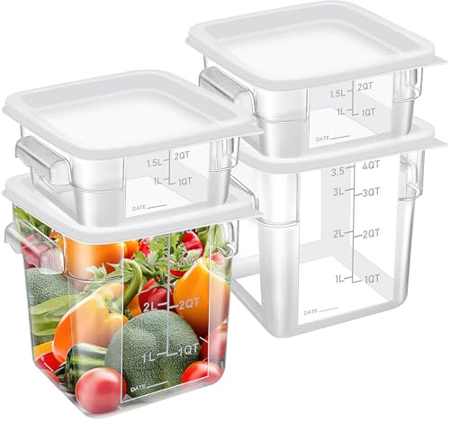OJMHD 4 Pcs Plastic Square Food Storage Containers with Lids, 2 L & 4 L | Clear Commercial Boxes with Scales, Airtight Meal Prep Bins for Kitchen Dough Proving, Marinating Meat, Catering Use