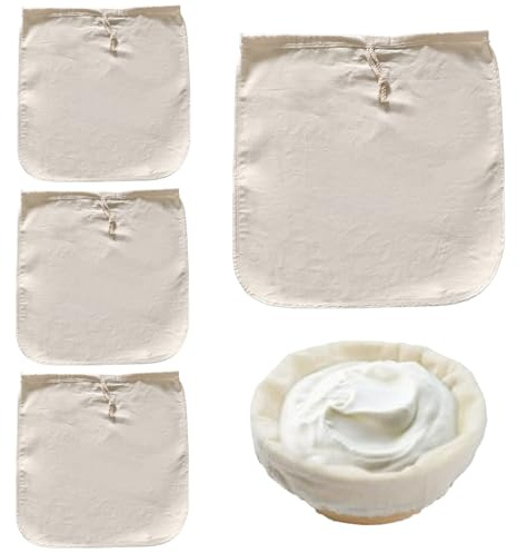 Filtri riutilizzabili per sacchetti di latte di noci, 4 sacchetti con cordoncino in cotone naturale, rete fine per filtrare yogurt e formaggio/ 10x12 pollici