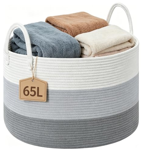 Laundry Basket Woven 65L Extra Large Rope Toy Basket for Kids Storage, Blanket Basket with Handle for Dog Toys, Durable Laundry Hamper for Baby Clothes Duvet Pillows Towels- 50x33cm - Grey