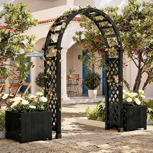 Arche de Jardin avec 2 jardinières, Treillage extérieur en Bois, Arche de Jardin de 218 cm de Haut pour Plantes grimpantes, Arche de Mariage pour cérémonie, Support d'arche décoratif(Black)