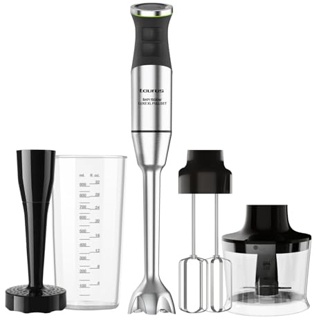 Taurus Bapi 1500 Luxe XL – Batidora de mano profesional de 1500W con varilla XL de acero inoxidable | 20 velocidades + Turbo | Cuchillas doble efecto | Campana antisalpicaduras | Set completo de acces