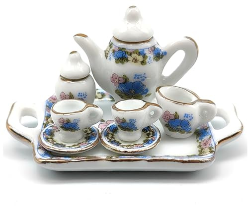 Temeemeg Juego de té en Miniatura con delicados Adornos Dorados, Accesorios de cerámica para casa de muñecas de 8 Piezas para Juego y exhibición realistas