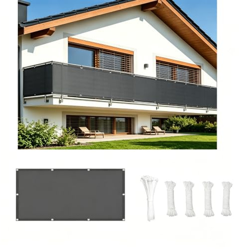 AUWUUA Balkon Sichtschutz 40x300cm Anthrazit Balkonabdeckung Ohne Bohren blickdichte Wind UV-Schutz 220g/㎡ PES mit Ösen Kabelbinder für Balkongeländer, Terrasse, Schwimmbad, Garten & Zaun