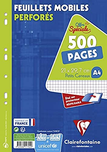 Clairefontaine 11792C - Packung mit 250 Blatt Ringbucheinlagen, kariert, 90g, DIN A4, 21x29,7cm, Weiß, 1 Pack