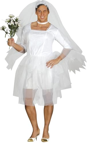 FIESTAS GUIRCA | Disfraz de Novia para Hombre (52-54/L) - Vestido y Velo - Disfraces de Boda y Despedida de Soltero para Carnaval y Fiestas de Disfraces - Ideal para Adultos - Blanco