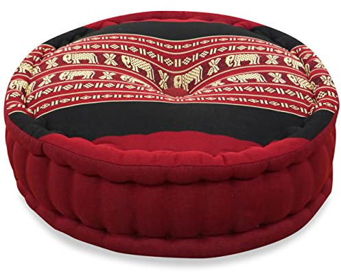 livasia Meditationskissen - Ø 38x15cm - Yogakissen mit Kapokfüllung, Pouf, Bodenkissen rund für Yoga und Zen Meditation, Zafukissen für Garten und Balkon, Sitzkissen handgemacht (Rot/Elefanten)