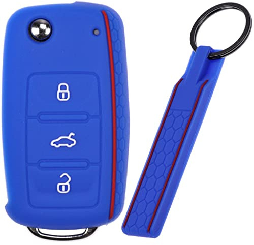 Soft Case Schutz Hülle Auto Schlüssel + Schlüsselband im Wabe Design Blau für VW SEAT Skoda Golf 6 Octavia UP Leon