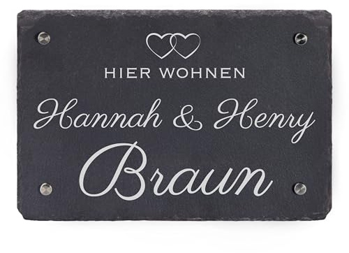 LAUBLUST Türschild Schiefer Personalisiert - Herzen Motiv - Haustürschild mit Name - 3 Größen, 4 Edelstahl Wandhalter