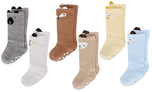 LACOFIA 6 Pares de calcetines largos de altos para bebé niños Medias antideslizante de algodón de punto princesa infantiles niño 0-1 años