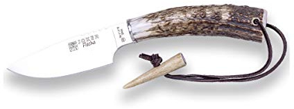 Joker Jaktkniv CC106 Flecha, 11 cm blad, överlevnadskniv med hjorthornshandtag, fingerskydd i rostfritt stål, bälteskniv med brun läderslida, verktyg för fiske, jakt, camping och vandring