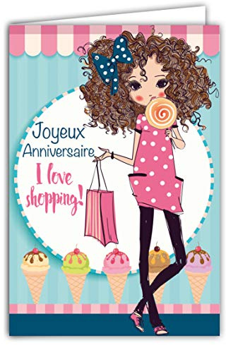 67-1112 Carte Joyeux Anniversaire I love shopping Fille Sucette Cornets Boules de Glace