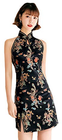 ACVIP Women's Brocade Satin Sleeveless Mini Qipao Ladies Chinese Dress Cheongsam (Black Dragon&Phoenix, UK 10/Label Size XL)