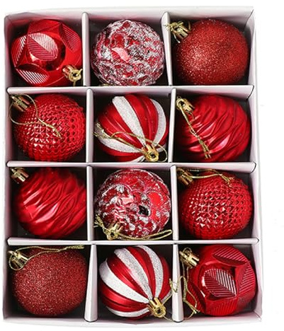 12er Set edle Weihnachtskugeln Ø 6cm Weihnachtsbaum Kugeln Christbaumkugeln Weihnachts-Deko Christbaum-Schmuck (Rot)
