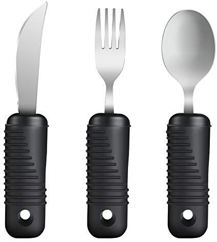 YPC Utensilios adaptativos, cubiertos de fácil agarre, tenedor integrado, cuchara y cuchillo basculante para adultos, ancianos, artritis, temblores y parkinson, juego de 3 piezas