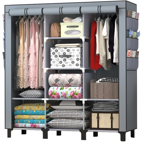 chunyangjingpin Armoire portable avec 2 tringles et 8 étagères, armoire de chambre à coucher avec 18 poches latérales, organiseur de vêtements pliable (Gris)