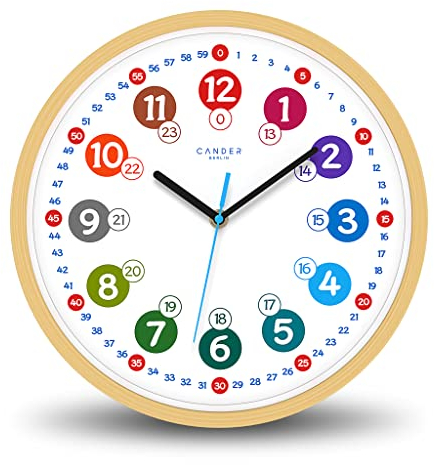 Cander Berlin MNU 2330 S Wanduhr Kinder Holzoptik 30,5 cm Lernen Lernzifferblatt Holzuhr lautlos geräuschlos leise Holzrahmen Kinderzimmer ohne Tickgeräusche Junge Mädchen