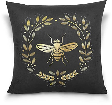 Taie d'oreiller brodée en velours de coton foncé avec abeille jaune dorée sur fond noir, taies d'oreiller douces et respirantes des deux côtés pour voiture, canapé, lit, 40,6 x 40,6 cm