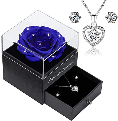Valentines Day Rose Gift for Her, Eternal Real Rose Gift for Women Love You Forever Jewelry Gift Box, Preserved Rose with Silver Heart Chain Heart Necklace for Wife Valentine's Day Wedding Anniversary