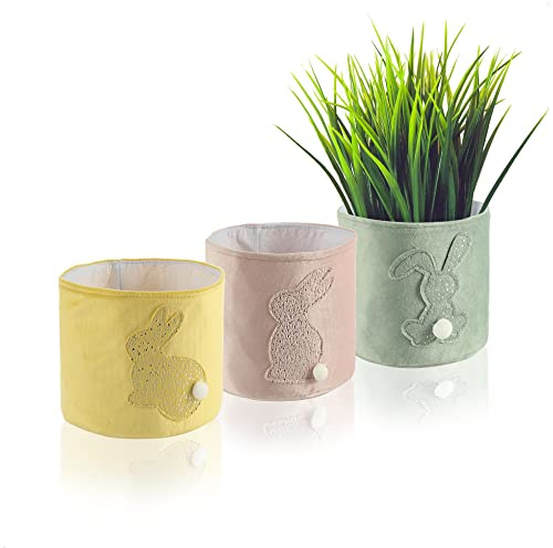 com-four® 3X Oster-Übertopf - Osternest mit Osterhase zum Verschenken - niedliche Geschenkkörbchen mit Oster-Motiv - Ø 12cm (grau - rosa - gelb)