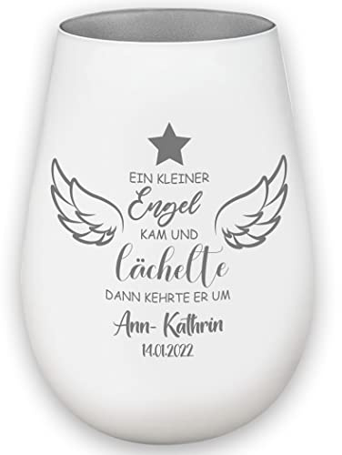 Sternenkind Trauerlicht - EIN Kleiner Engel kam und lächelte - weiß/Silber - Gedenklicht Teelichtglas personalisierbar Erinnerung Trauergeschenk mit Name und Datum
