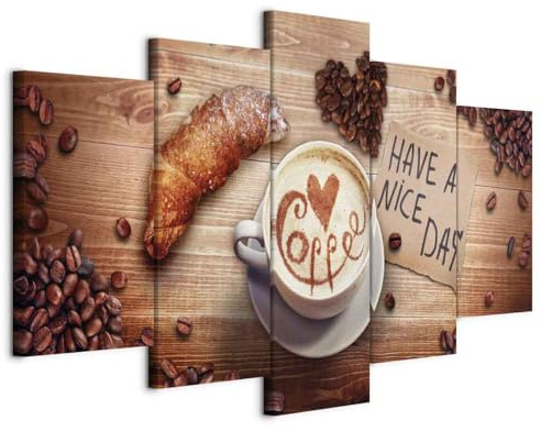B&D XXL - Quadri Moderni per Soggiorno e Cucina, Coffee Cafe, 150x75 cm | Chiodi Inclusi, 5 Pezzi, Quadro Moderno, Stampe su Tela, Murale Arte, Croissant, Resistenti Allo Sbiadimento
