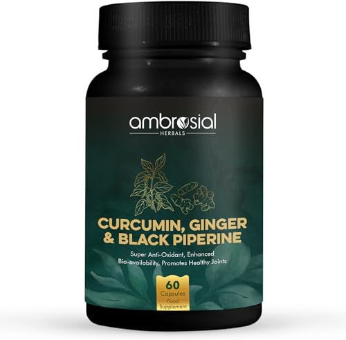 Ambrosial Curcumin Kurkuma und schwarzer Pfeffer Kapseln mit Ingwer | Hochwirksame Kurkuma-Kapseln mit verbesserter Absorption | 95% Curcuminoide zur Unterstützung der Gelenke (Pack of 1)