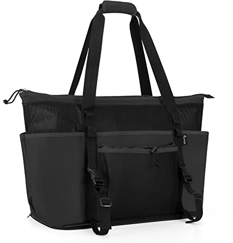 Fasrom Extra Große Netz Strandtasche mit Reißverschluss Unten, Schwarz | Reißverschluss Unten, Frontschnallen für Handtücher, Nass/Trenn Tasche, 6 Außentaschen, Kordeltasche, Familien Strandtasche