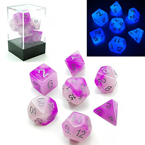 Bescon Tvåfärgad glödande polyhedral tärning 7 st set frost ametist, lysande RPG-tärning lyser i mörkret, DND rollspel speltärning