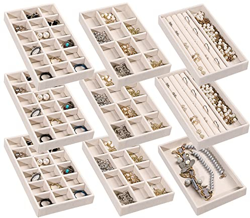 Frebeauty Schmuck Organizer Tablett, stapelbare Samt Schmuck Tabletts, Schublade Einsätze Ohrring Organizer für Frauen Mädchen Schmuck Lagerung Vitrine für Ringe Stud Halsketten, Set 9(Beige)