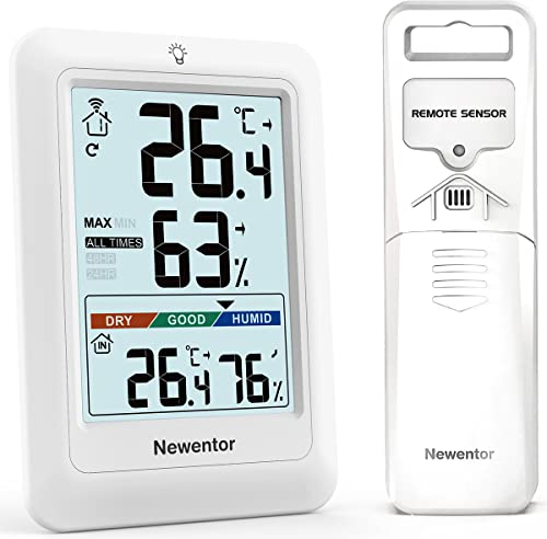 Newentor MAX MIN Thermometer innen außen 24/48 Std./alle Zeiten - Hygrometer Luftfeuchtigkeitsmesser mit Luftkomfort - Wetterstation Funk mit Außensensor - Raumthermometer innen mit Beleuchtung, Weiß
