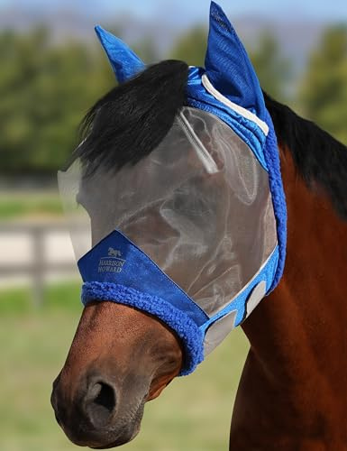 Harrison Howard CareMaster Fliegenmaske für Pferde, UV-Schutz, feinmaschig, mit extra Wolle, Soft Touch auf der Haut, Champion, Blau, M