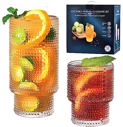 ISMASOAN Hobnail Trinkgläser Set mit 12 stapelbaren Gläsern, 340 ml und 200 ml, Bubble Glasses Drinking, Vintage-Glaswaren, Perlen-Glaswaren, Highball-Gläser, Geschenkbox-Set