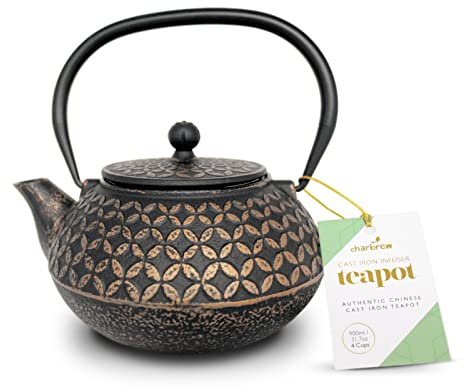 Charbrew Black & Gold Chinese Cast Iron Teapot - 900ml | Stainless Steel Tea Infuser Makes 4.5 Cups