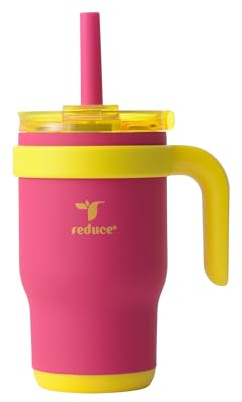 REDUCE Coldee Tumbler mit Henkel für Jugendliche, vakuumisolierter Edelstahlbecher mit Deckel und Strohhalm, hält Getränke bis zu 18 Stunden kalt, rosa Limonade, 400 ml