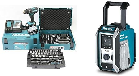 Makita DHP482JX13 Akku-Schlagbohrschrauber 18V / 3,0 Ah, 2 Akkus + Ladegerät im MAKPAC + 120-tlg. Zubehör-Set im MAKPAC Petrol/Schwarz & DMR115 Akku-Baustellenradio (ohne Akku, ohne Ladegerät)
