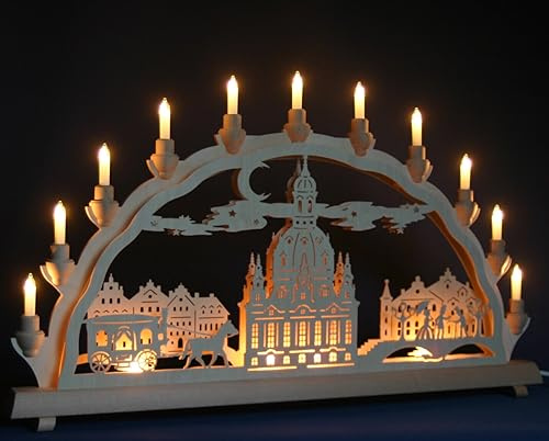 Schlick & Türk Schwibbogen Dresden Frauenkirche & Stadtansicht - Motiv - 68cm, 11 Kerzen + Vorbeleuchtung - Feine Handarbeit aus dem Erzgebirge - Weihnachten erzgebirgischer Lichterbogen