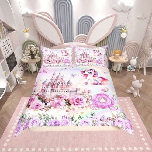 richhome Unicorn Comforter Cover Single Castle Carriage Girls Bedding Set Cute Rainbow Unicorn Print Down Comforter Kids Cartoon Kawaii Duvet Cover Fantasy Girls Room Decor,Gifts