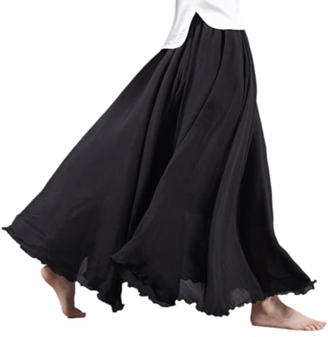Giltpeak Maxi gonna in lino, gonna lunga estiva da donna, gonna lunga in cotone con elastico in vita, nero, S