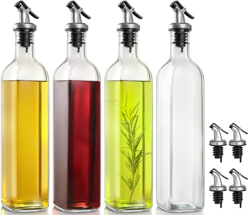 Olive Oil Dispenser Bottle, Glass Cooking Oil Dispenser Bottle for Kitchen,Oil and Vinegar Dispenser Set, Oil Drizzler with Plastic Pourer, Funnel - 500ml, Pack 4