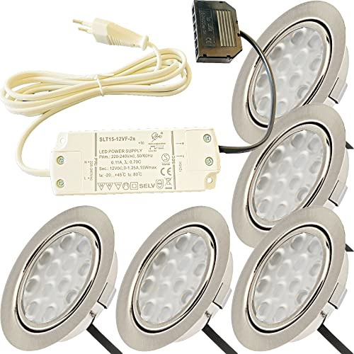 Lichtfaktor24 12V Möbeleinbauleuchten LED flach 5 x 3W Einbaustrahler Lotta 200lm mit LED Trafo und Mini Verteiler 3000K Warmweiß Lochausschnitt: 55 bis 60mm