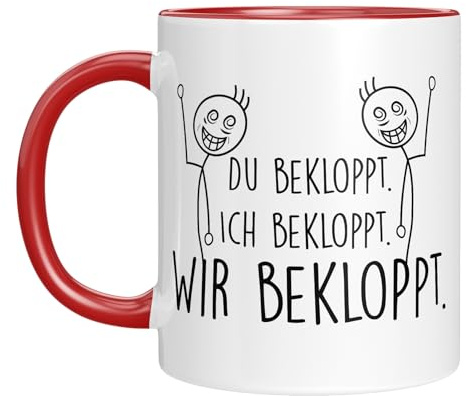 Tasse mit Spruch - Du bekloppt - Ich bekloppt - Wir Freunde - Kaffeebecher mit Motiv - Geburtstagsgeschenk - beste Freunde - farbig - lustige Geschenkidee - Mann/Frau