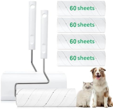Vintree Hojas Rodillo Quitapelusas 16cm Área Extendida del Rodillo Quitapelos Mascotas 4 Rollos 60 Hojas por Rollo + 1 Mangos para Quita Pelos Mascota Ropa Pelo de Gato sofá Cama y Alfombra