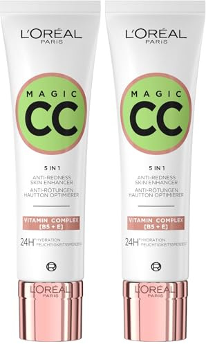 L'Oréal Paris Anti-Rötungen Creme, Für bis zu 24h Feuchtigkeit und einen optimierten Hautton, Magic CC Teint Optimierer Anti Rötungen, 1 x 30 ml (Packung mit 2)