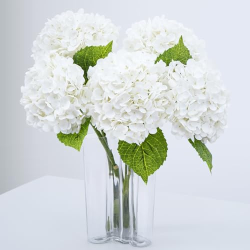 Waipfaru 21 Real Touch White Hydrangea Artificial Flowers with Long Stem & Leaves, Full Latex Faux Hydrangea Flowers for Home Decor Party Floral Arrangements Wedding Bouquets Centerpieces, 5Pcs